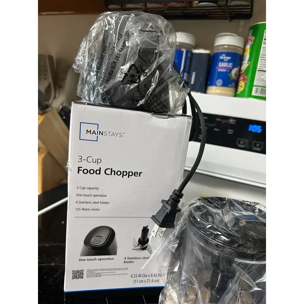 Mainstays 3-Cup Food Chopper 4 Stainless Steel Blades 125W One Touch Black New